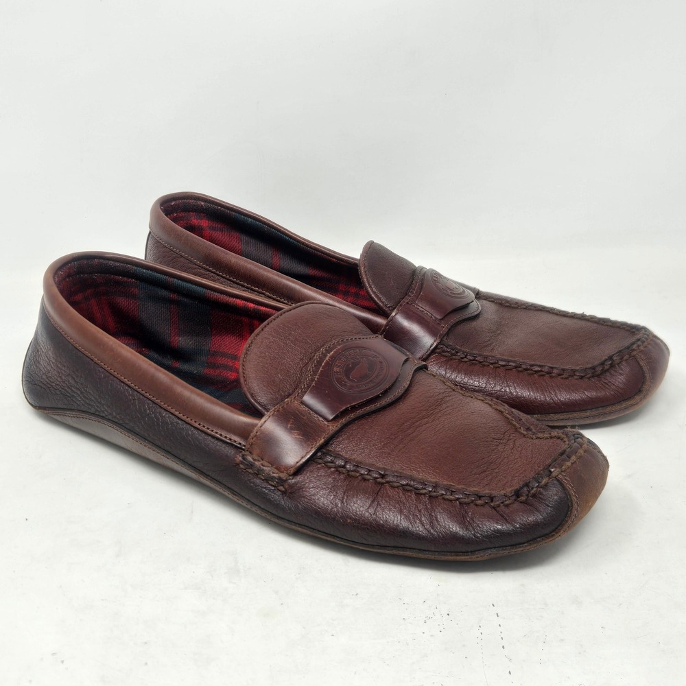 HS Trask Mens Brown Leather Loafers Plaid Lined Handsewn Moccasins 11M 6014
